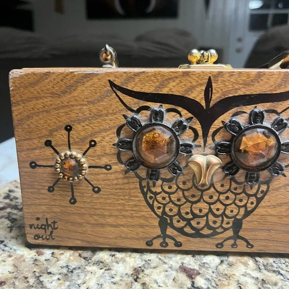 Enid Collin’s • Vintage • 1960’s • Wooden Box Bag • Night Owl • Beaded - Picture 8 of 14